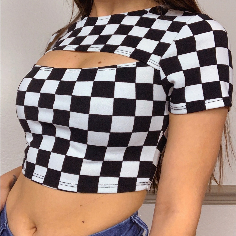 COPY - iHEARTRAVES Checkered Racing Crop Top w Open Chest